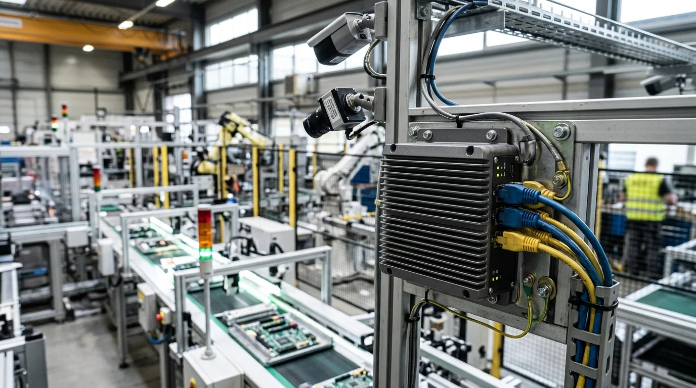 Industrial assembly line RTSP cameras and edge AI compute host deployment scene